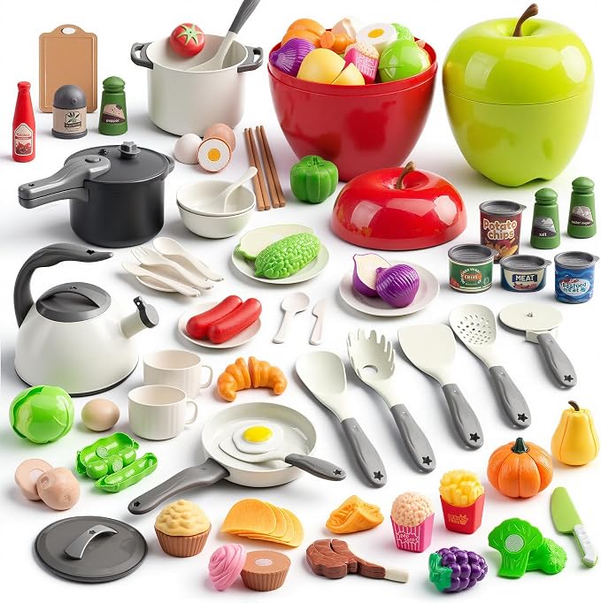 100Pcs Kitchen Playset, Kids Pretend Cooking Play Pots, Pans, Utensils, Cookware, Toy Food Fruits Veggies, with 2 Large Apple - Shaped Storage, Toddler Cooking Learning Gift (White) by Funpynani