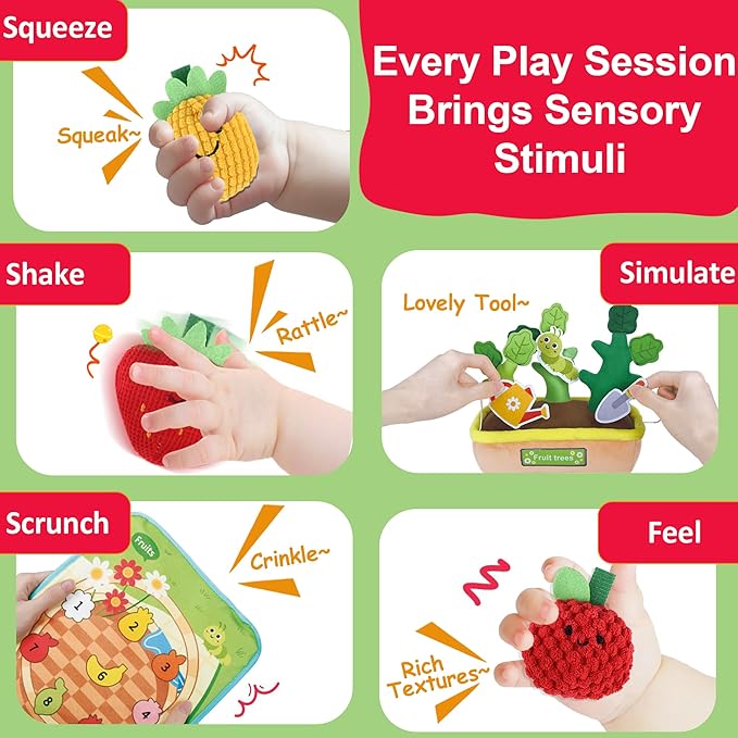 Baby Toys for 6-12 Months, Fruits Vegetables Plush Montessori Toys, Color Shape Sorting Crinkle Rattle Textures Sensory Toy, Fine Motor Skills Christmas Baby Gift for 0+ Boys Girls