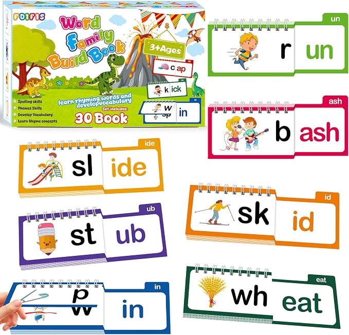 Word Family Build Book, 30 Read and Rhyme Flip Activity Book, Dinosaur ABC Learn to Read Phonics Flash Cards for Preschool/Kindergarten, CVC Words Reading Games for Kids Ages 3-8 by Unknown