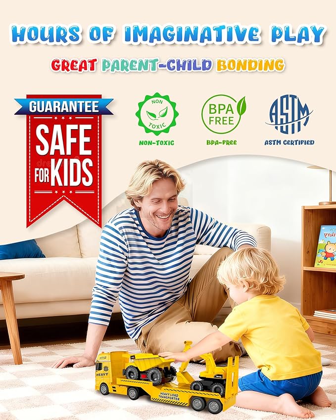 Construction Carrier Truck Toy with Excavator and Dump Truck, Friction Powered Toddler Toys with Light and Sounds, Gifts for Age 3+Years Old Boys & Girls