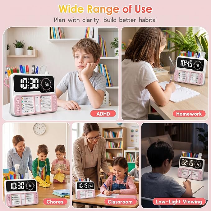 7-in-1 Visual ADHD Timer for Kids with Chore Chart Board, ADHD Tools Schedule for Kids with Autism, Alarm, Countdown, Date, Temperature, Storage, Daily Checklist for Home/School/Classroom/Desk(Pink) - Image 7