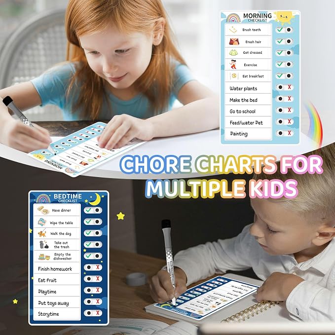 Chore Chart for Kids: Dry Erase Visual Schedule, Magnetic Bedtime/Morning Routine Chart - Toddler Chore Board, Checklist, To Do List for Kids (1 morning checklist, 1 bedtime checklist) - Image 5