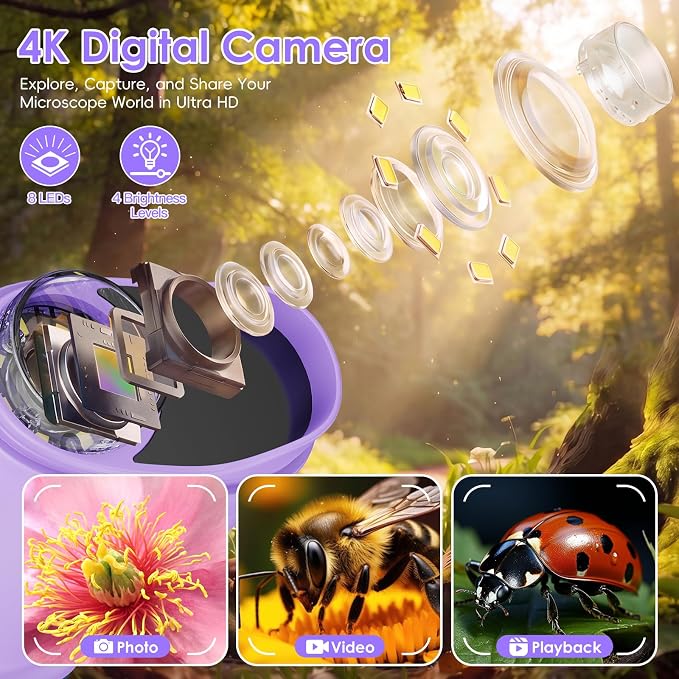 4K 1000X Handheld Digital Microscope for Kids with 2.0" IPS Screen(Purple) - Image 3