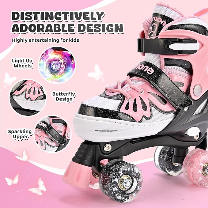 NEMONE Mermaid 4 Size Adjustable Light up Roller Skates for Girls, Purple Blue Skates for Toddlers, Beginner Kids Butterfly Roller Skates Indoor Outdoor
