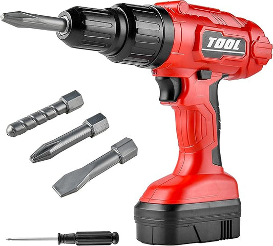 Toy Choi's Toy Drill Set - Electric Pretend Play Tool with Realistic Sound & Action, Construction Toy Tools for Kids Ages 3-5 with Toddler Drill Screw Set (Red)