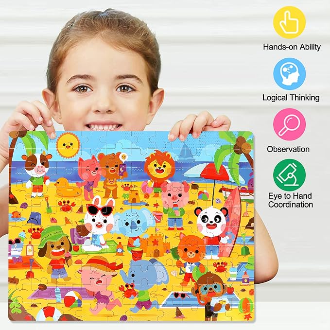 LELEMON Beach Animal Jigsaw Puzzles in a Metal Box 100 Pieces Beach Animal Party Jigsaw Puzzle for Kids Ages 4-8 Children Learning Educational Puzzles Toys - Image 2