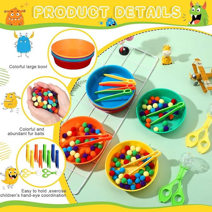 Zhanmai 142 Pcs Fine Motor Skills Toys Handy Scooper Set Sensory Bin Filler 12 Sorting Bowls 8 Tweezers 2 Scissors Clips 120 Plush Balls for Early Education and Sorting Counting Training Development - Image 3