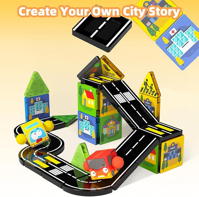 GobiDex Mini Magnetic Tiles Road Set with 2 Cars for Kids Ages 3+ - Image 3