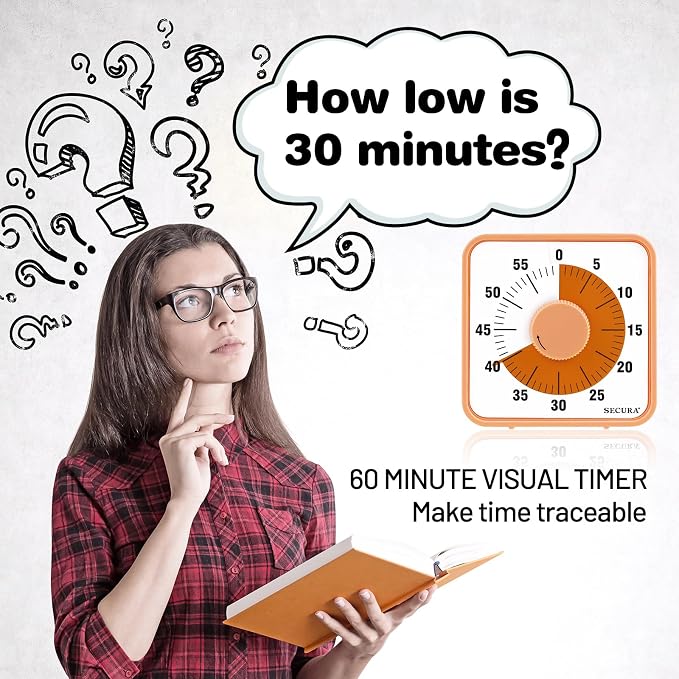 Secura 7.5 Inch Visual Timer, 60 Minute Oversize Countdown Visual Timer for Kids and Adults, Durable Mechanical Time Management Tool (Orange) - Image 2