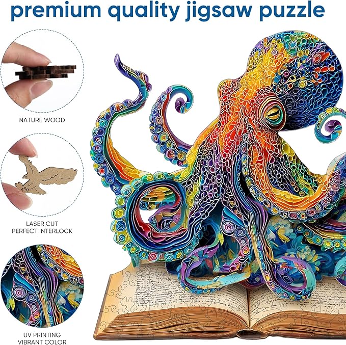 Reouinty Wooden Puzzle for Adults 500 Pieces, Octopus Book Jigsaw Puzzles, Unique Shape Animal Adult Puzzles, Irregular Wood Best Gift for Adults Family Game(16.8 * 16.1 in)