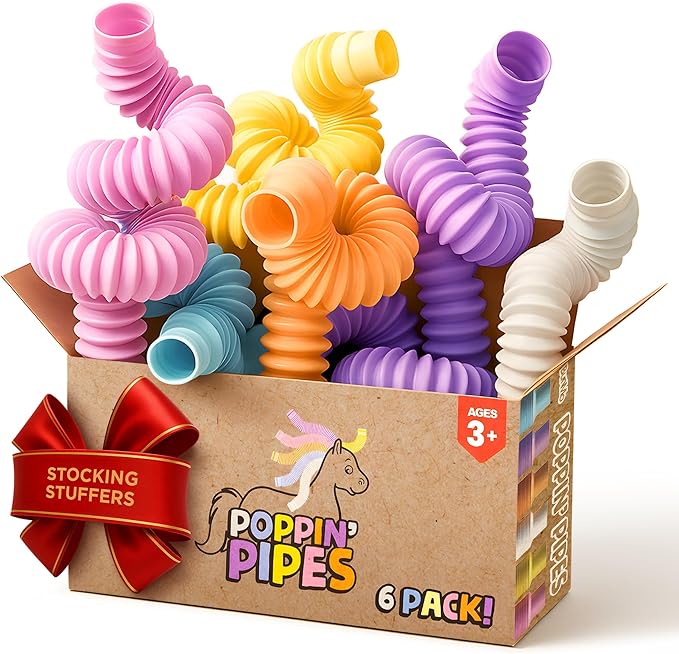 BUNMO Stocking Stuffers for Kids - Pop Tubes - Sensory Toys - Toddler Toys - Imaginative Play & Stimulating Creative Learning - Stocking Stuffers for Toddlers - 6 Pack Medium
