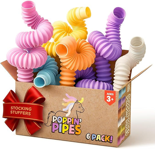 BUNMO Stocking Stuffers for Kids - Pop Tubes - Sensory Toys - Toddler Toys - Imaginative Play & Stimulating Creative Learning - Stocking Stuffers for Toddlers - 6 Pack Medium