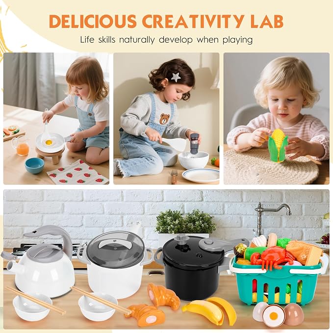 130Pcs Kitchen Playset, Toddler Pretend Cooking Play Pots, Pans, Utensils Cookware, Daily Food Fruit Veges, Shopping Storage Basket, Dessert, Prop Money, Learning Gift for Child (White) - Image 6