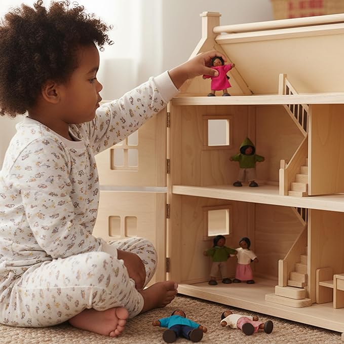PlanToys® Wooden Dollhouse Family Set – Medium Skin Tone | Father, Mother, Son & Daughter Poseable Figurines | 1:12 Scale Wooden Dollhouse Accessories for Pretend Play