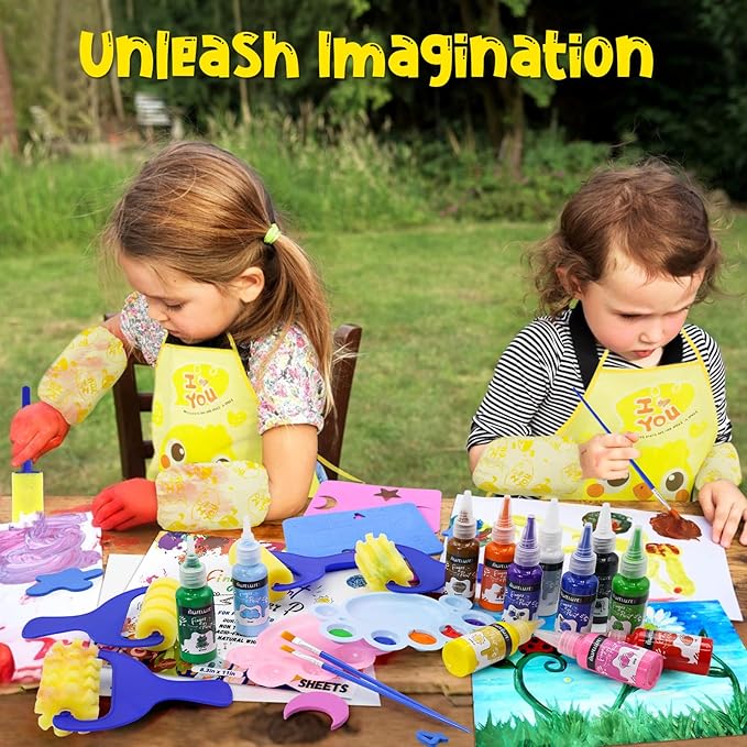 45PCS Kids Washable Finger Paint Kit,12 Colors Non Toxic Finger Paints,Art Painting Supplies for Toddlers - Paper,Brushes,Sponges,Children Drawing Gifts for Kids Boys Girls