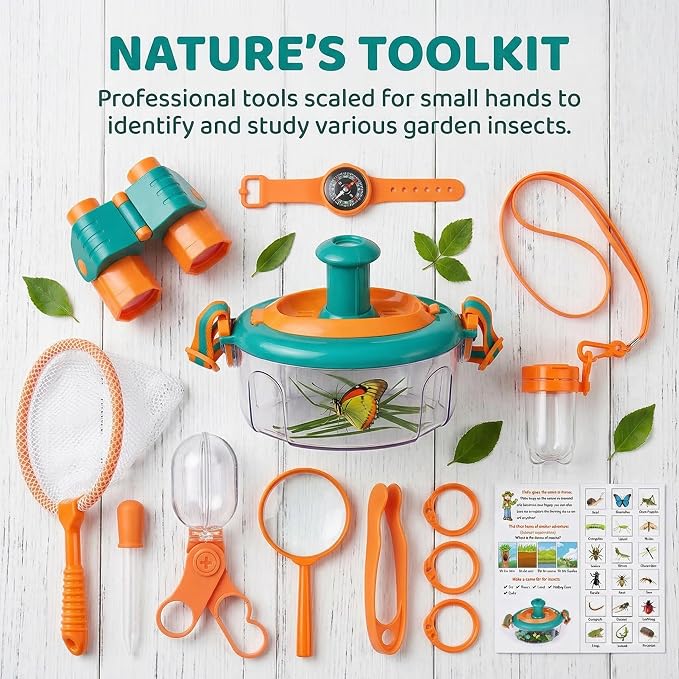 Bug Catcher Kit 13 Pcs - Insect Catching Set with Net, Habitat, Magnifier & Tweezers - STEM Outdoor Toy for Kids Age 3+ (Orange 13 Pcs) - Image 2