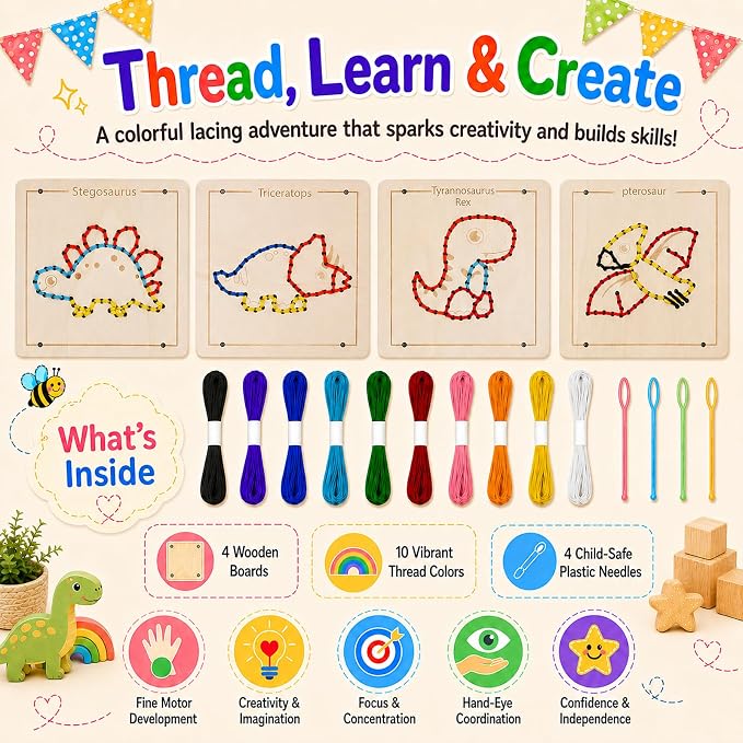 Montessori Wooden Lacing Dinosaur Toys for Toddlers and Kids Ages 2-4 5-7, Sewing Kit Fine Motor Skill Busy Board, Education Sensory Preschool Toy for 1 2 3 4 Year Olds, Birthday Gift for Boys Girls - Image 4