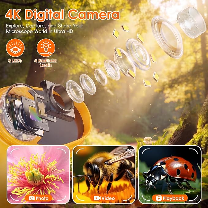 4K 1000X Handheld Digital Microscope for Kids with 2.0" IPS Screen(Yellow) - Image 3