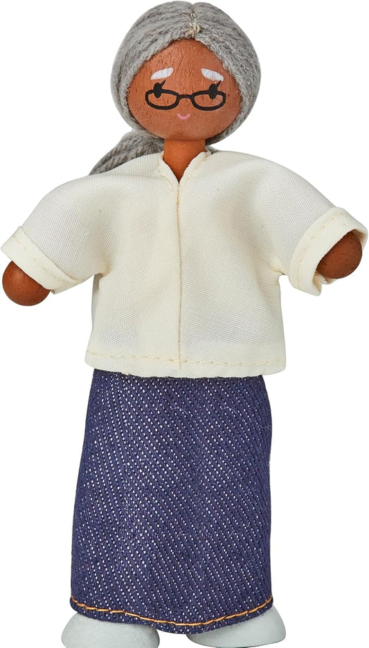 PlanToys® Grandmother Dollhouse Figure - Medium Skin Tone | Poseable 1:12 Scale Dollhouse People | Montessori Pretend Play Doll with Bendable Arms & Legs | Eco-Friendly Wooden Figurine for Kids