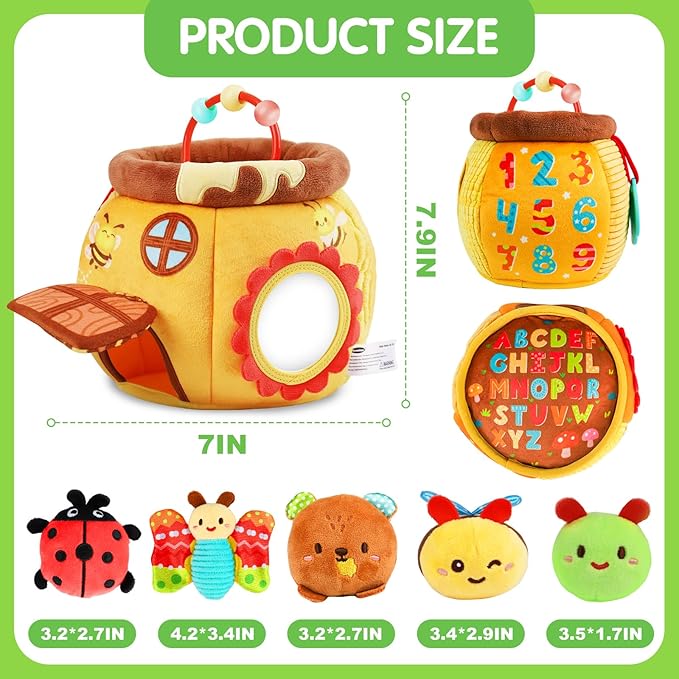 Baby Toys 6-12 Months - Soft Beehive with 5 Sensory Stuffed Animals, Rattle, Crinkle & Mirror, Montessori Toys for 6 7 8 9 10 Month Old Baby Boy Girl Shower Gifts Christmas Stocking Stuffers Ages 0-2