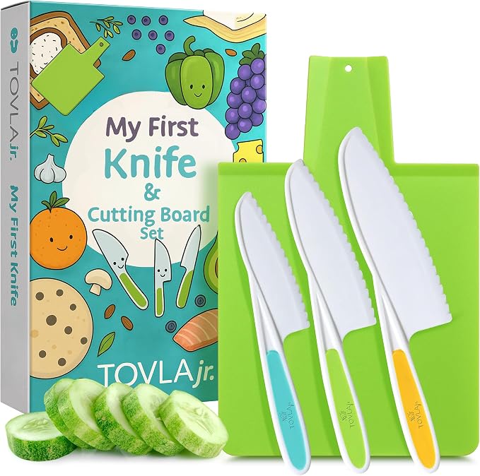 TOVLA JR. Toddler Montessori Kitchen Knife and Cutting Board Set – Safe, Kid-Sized Tools for Real Cooking – Ages 4+ Life Skills and Hands-On Prep by TovlaCo