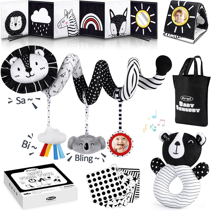 Joyreal High Contrast Baby Toys for Newborn, Black and White Baby Sensory Toys with Car Seat Toys,Infant Toys with Black White Cards Book, Montessori Toys for Baby Gifts by Joyreal