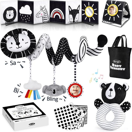 Joyreal High Contrast Baby Toys for Newborn, Black and White Baby Sensory Toys with Car Seat Toys,Infant Toys with Black White Cards Book, Montessori Toys for Baby Gifts by Joyreal