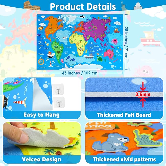 Taika 43x28 World Map Felt Board Set, Educational World Map Flannel Toy - Image 2