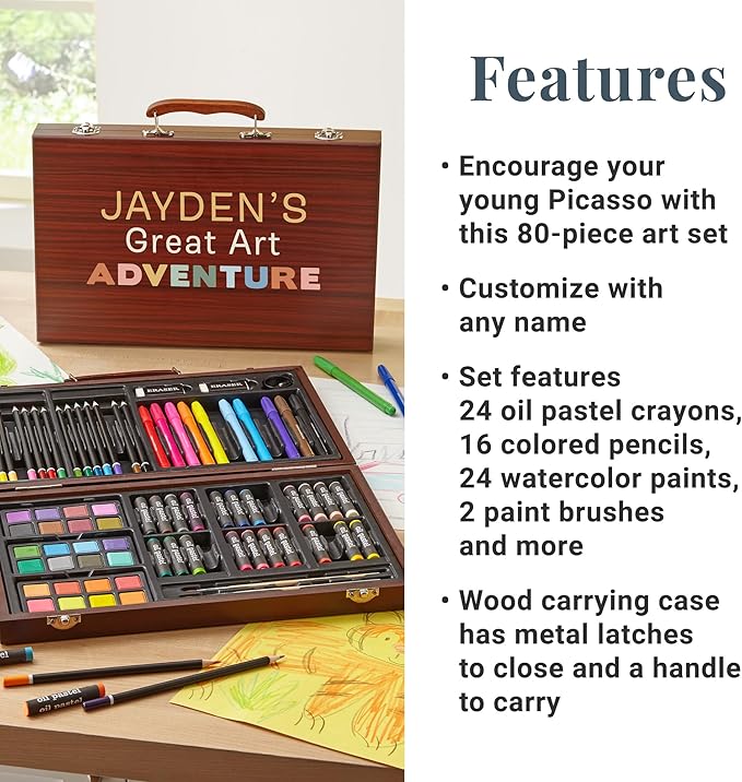 Let's Make Memories Personalized 80-Piece Deluxe Art Set - for Kids - Wood Carrying Case - Oil Crayons, Colored Pencils, Watercolors - Arts & Crafts - Palette Design - Add Name - Great Art Adventure