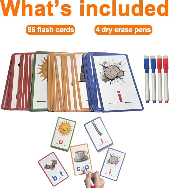 CVC Word Flash Cards, 96 Double-Sided Cards in 2 Sets, 4 Pens - Image 3
