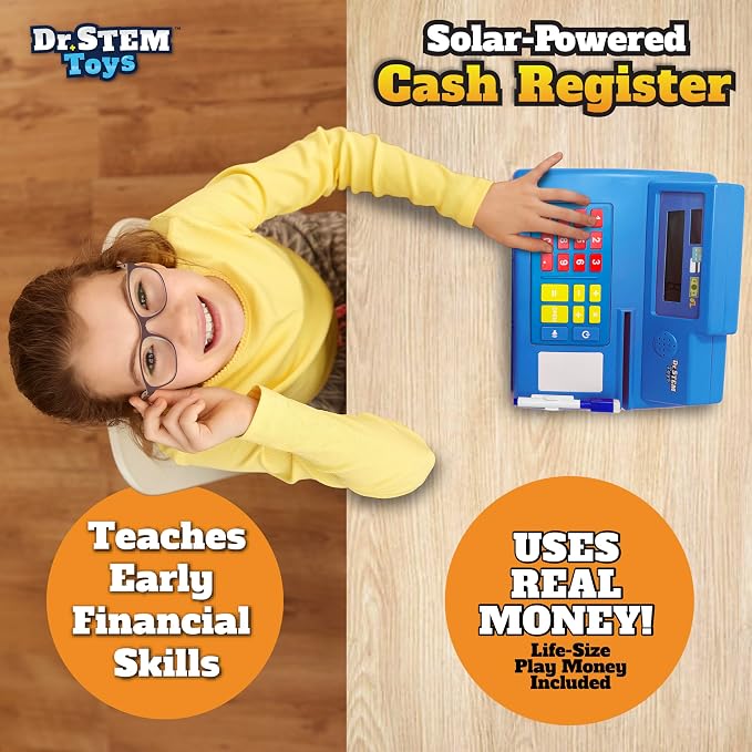 Dr. STEM Toys Solar Powered Calculator Pretend Cash Register with Play Money – 67-Piece Set for Learning Math Skills, STEM Cash Register for Kids (Blue) - Image 3