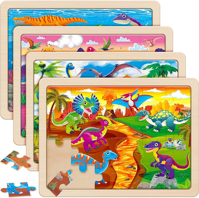 SYNARRY Large Dinosaur Wooden Puzzles for Kids Ages 4-6, 4-in-1 Gift Set by SYNARRY