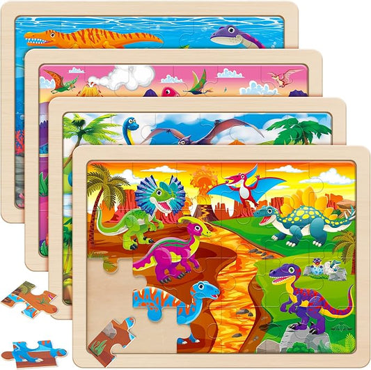 SYNARRY Large Dinosaur Wooden Puzzles for Kids Ages 4-6, 4-in-1 Gift Set by SYNARRY
