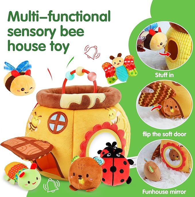 Baby Toys 6-12 Months - Soft Beehive with 5 Sensory Stuffed Animals, Rattle, Crinkle & Mirror, Montessori Toys for 6 7 8 9 10 Month Old Baby Boy Girl Shower Gifts Christmas Stocking Stuffers Ages 0-2