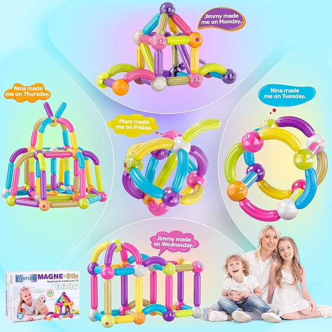 Contixo ST2 Kids Magnetic Stix Stick 68 PCs 3D Building Blocks STEM Construction Playboards Creativity, Imagination, Recreational, Educational for Children Toddler, 3+ Year Old Boys and Girls - Image 6