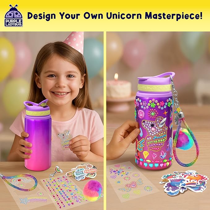 PURPLE LADYBUG Decorate Your Own Water Bottle Kit for Girls - Gifts for Ages 5 6 7 8 9 10 Year Old Girl Birthday, Girl Valentines Day Gifts Unicorn Toys Crafts Kids Ages 6-12