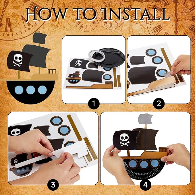 24 Pack Arts and Crafts Kits for Kids, DIY Creative Pirate Paper Plate Craft Kit, Make Your Own Pirate Plate Crafts Sets, Fun Preschool Classroom Birthday Party Art Activities for Boy & Girl