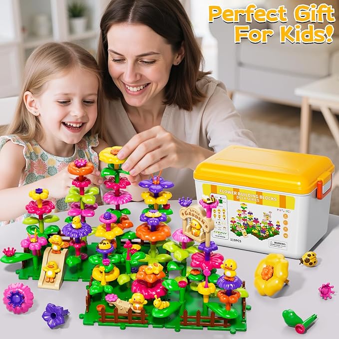 Flower Garden Building Toys for Toddler 3 4 5 6 7 Years Old, 119Pcs DIY Stacking Toys with Storage Box, Kids STEM Preschool Educational Toy, Christmas Birthday Gift for Girls Ages 3-5