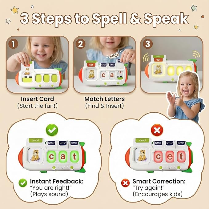 CVC Word Spelling Game for Kids Ages 3-7, Talking Flash Cards with Alphabet Card Reader, 107 Sight Words, Letter Matching and Spell-Check Practice, Preschool Kindergarten Learning Toy Gift - Image 3