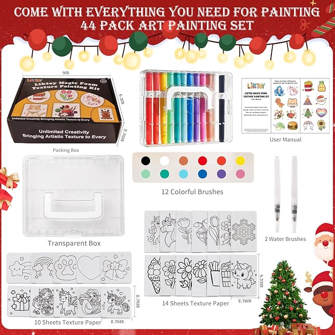 Liktoy 40Pcs Magic Foam Texture Painting Kit, 24Pcs Foam Texture Paper, 12 Colorful Brush, 2 Water Brushes, 3D Effect Texture Painting Set, Ideal for Halloween, Christmas, Birthday Gifts