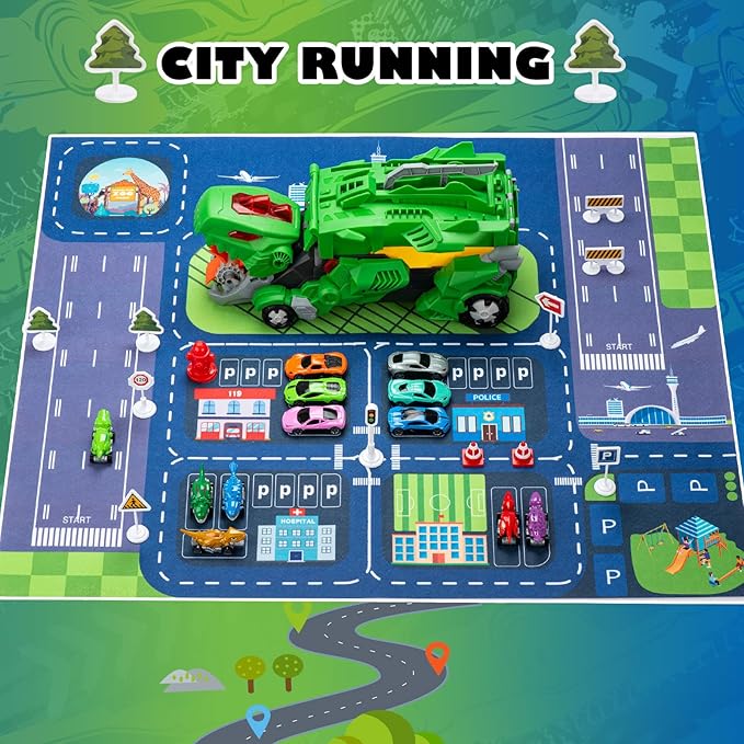Dinosaur Toys Car for Kids 3-8 Year Old Boy Gift, Toddler Toys for 3 4 5 6 Years Old Boys & Girls Transport Dino Truck with 12 mini Cars & City Map Birthday for Kids