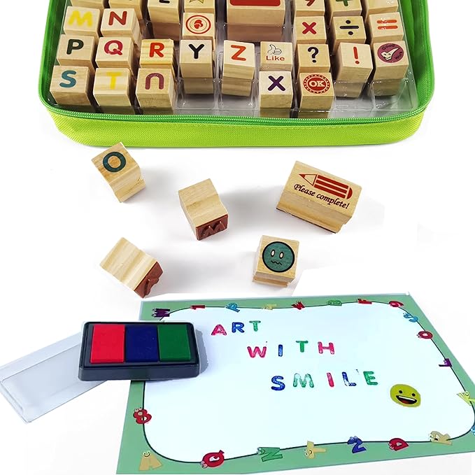 Wooden Large Stamp Premium Set for Kids. 72 Pcs Alphabet Stamps. Letters, Numbers, 3-Color Washable Ink Pad, 3 Refill Bottles, Activity Book. Ideal Creativity Kit