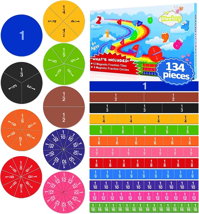 Meetory 134 Pcs Magnetic Fraction Tiles & Fraction Circles - Math Manipulatives for Preschool Elementary School Educational Resources Classroom Educational Kit by Meetory