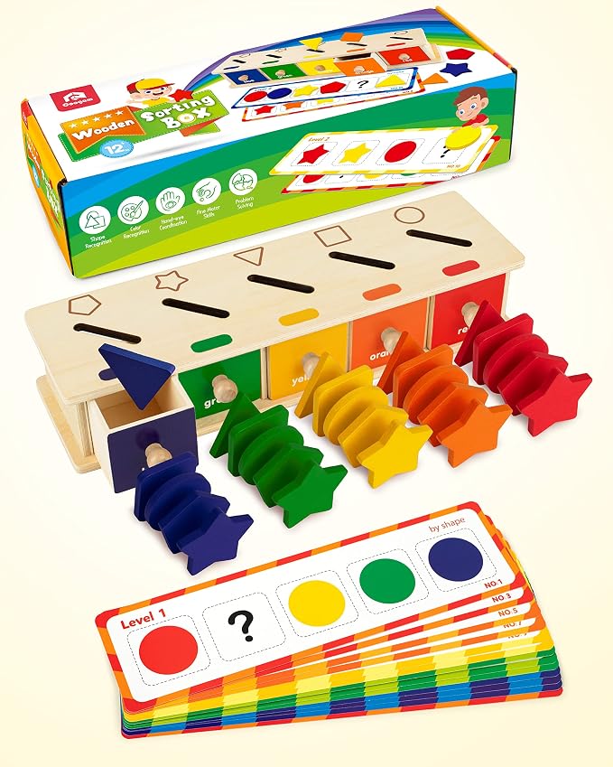 Coogam Montessori Toys Wooden Color Shape Sorting Box Game Geometric Matching Blocks Early Learning Educational Toy Gift for 3 4 5 Year-Old Baby Toddlers - Image 7
