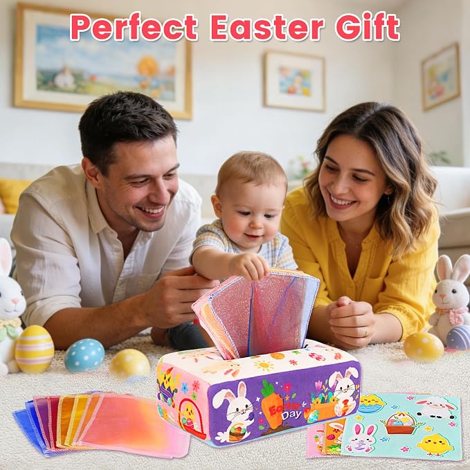 Easter Baby Toys - Easter Basket Stuffers for Babies 6-12 Months - Baby Tissue Box Toy Montessori Soft Stuffed Bunny High Contrast Crinkle Infant Sensory Toys 6 7 8 9 Months Easter Boy Girl Gifts - Image 6