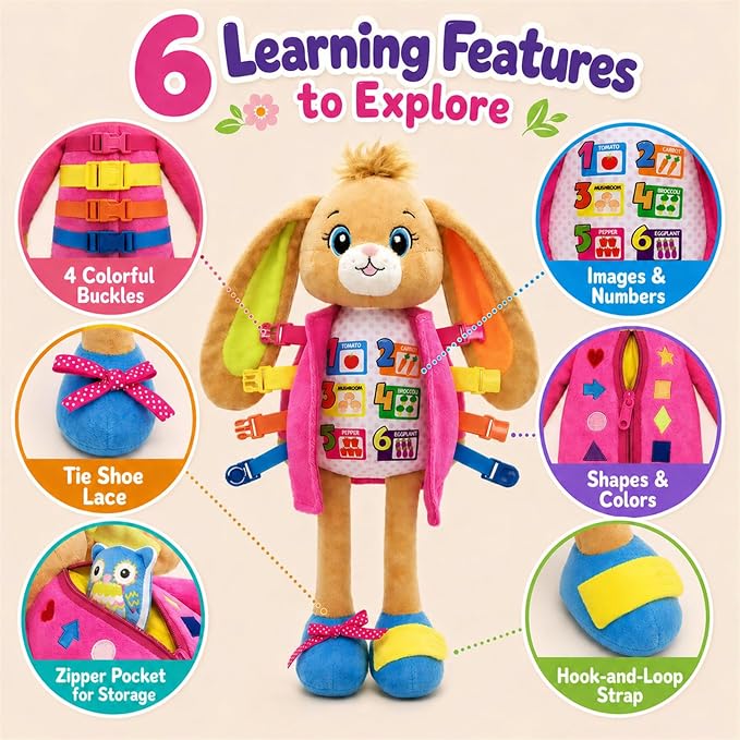 June Garden 16" Dressy Friends Bunnie - Educational Stuffed Plush Doll for Kids and Toddlers 2 Years and Up - Montessori Soft Toy Doll - Image 2