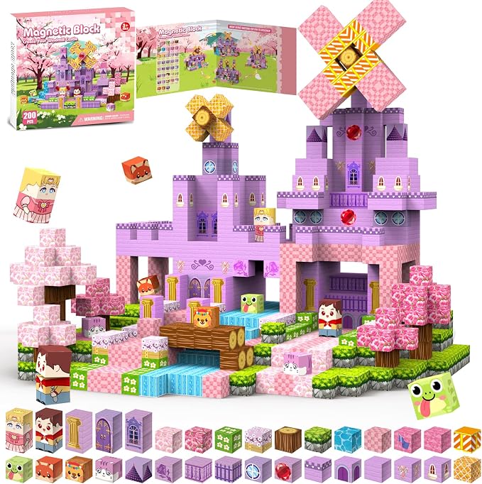 200 PCS Magnetic Blocks, Magnet Building Cubes, Build Pink Castle World Set by GRYXPOX-BuildMagwonderWorlds