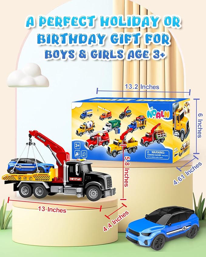 Kids Toys for 3 4 5 6 7 Years Old Boys, 15" Large Tow Truck Toy, Friction Powered Transport Toy Trucks with Lights and Sounds, Birthday Gifts for Boys & Girls with Racing Car