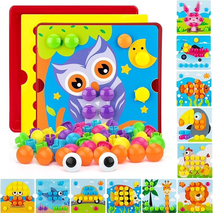 Button Art Pegboard for Toddlers - 12 Pics & 46 Buttons, Gift 3+ by AluAbi