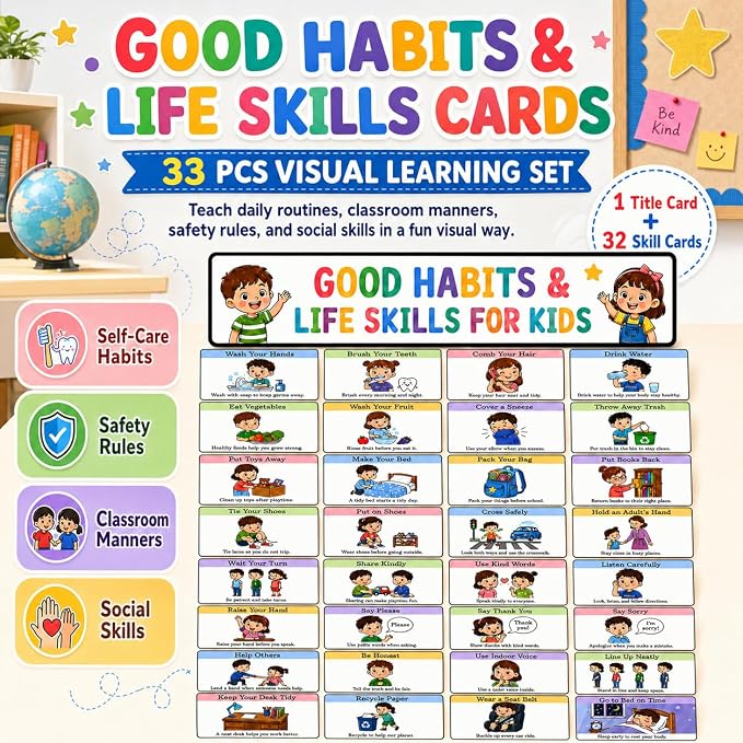 33 Pcs Good Habits & Life Skills Cards for Kids, Classroom Behavior Chart and Daily Routine Visual Cards for Preschool Kindergarten Homeschool Decor - Image 2